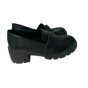 Cushionaire Womens Size 8 Chunky Heel Black Faux Leather Slip On Penny Loafer